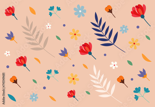 Pattern with blooming flowers and branches. Botanical pattern in vector  flat style.