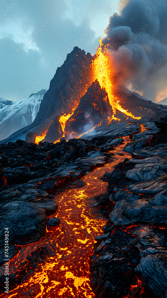 Close up of Volcano Eruption. Mountain Explodes with Flowing Magma. Fantasy Landscape