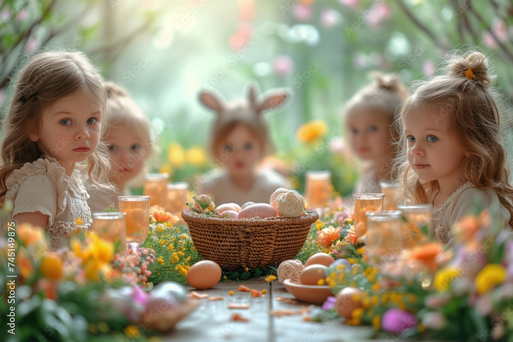 Children with bunny ears around Easter table, flowers and eggs, pure joy in a magical setting. Group of young children, Easter bunny visage, enchanted by festive springtime arrangement Children with bunny ears around Easter table, flowers and eggs, pure joy in a magical setting. Group of young children, Easter bunny visage, enchanted by festive springtime arrangement