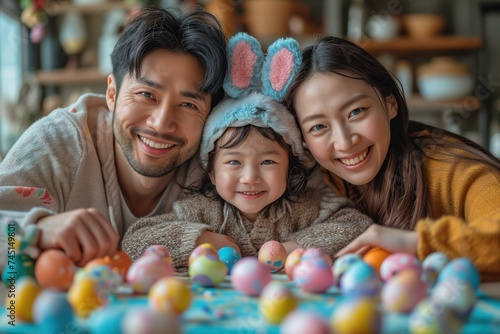Close-knit Asian family in cozy sweaters  bunny ears on  adoringly gaze at Easter eggs on table.  adults and  children enjoy Easter  bunny ears atop  warm smiles  colorful eggs foreground.
