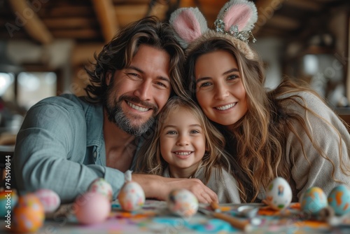 Joyful Caucasian family  father  mother  son and daughter with fluffy bunny ears shares laughter  surrounded by Easter eggs and soft lighting. smiles brightly among Easter decor  affectionate