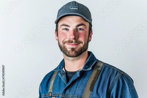 a handsome plumber stands ready with his trusty tools, offering expert service and a friendly smile to solve your plumbing needs on white background. Generative AI. © Surachetsh