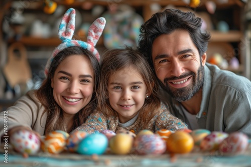 Joyful Caucasian family  father  mother  son and daughter with fluffy bunny ears shares laughter  surrounded by Easter eggs and soft lighting. smiles brightly among Easter decor  affectionate