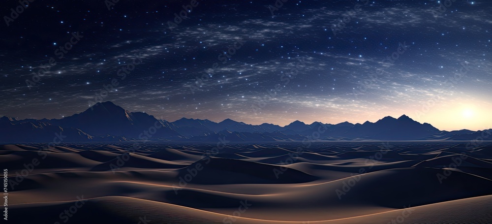 Under the canopy of a star-strewn sky, the desert landscape stretches out with undulating sand dunes, a tranquil scene illuminated by the celestial glow. - obrazy, fototapety, plakaty 