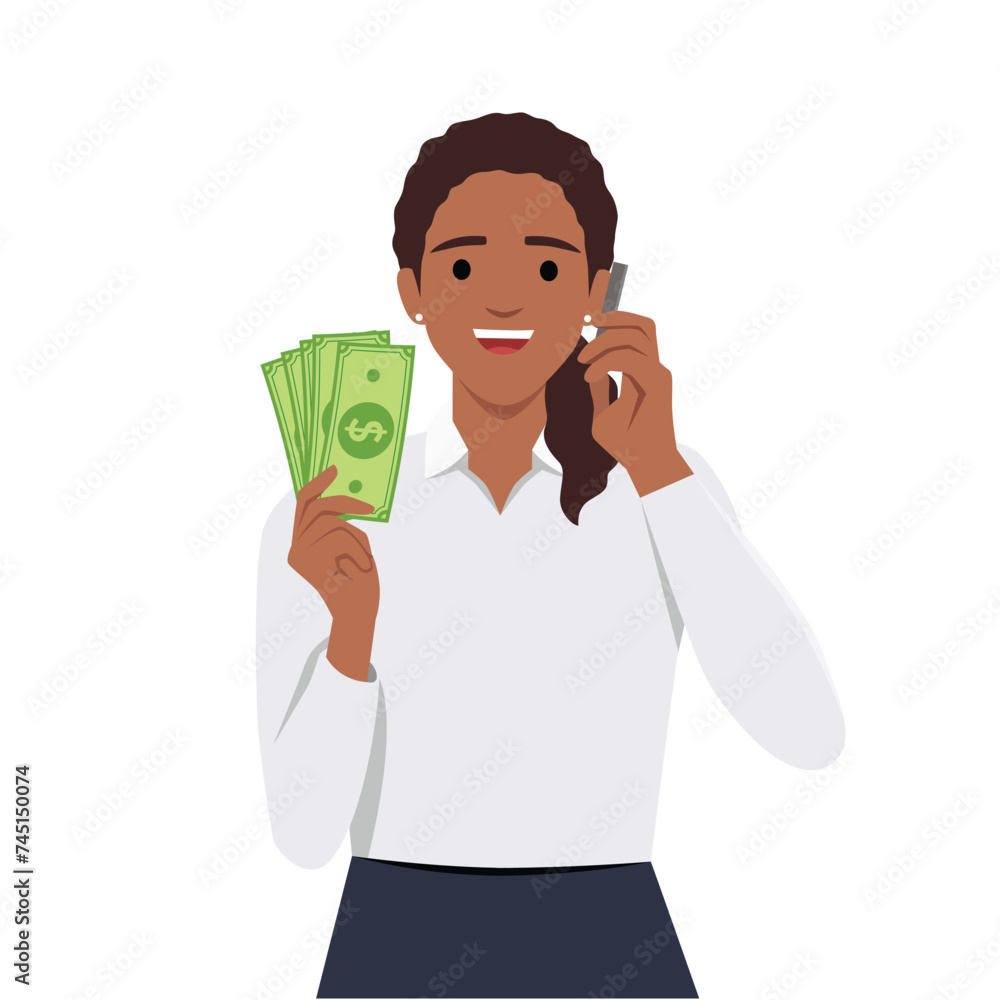Young Woman holding smartphone and dollars she is calling someone on phone with happy face. Flat vector illustration isolated on white background Young Woman holding smartphone and dollars she is calling someone on phone with happy face. Flat vector illustration isolated on white background