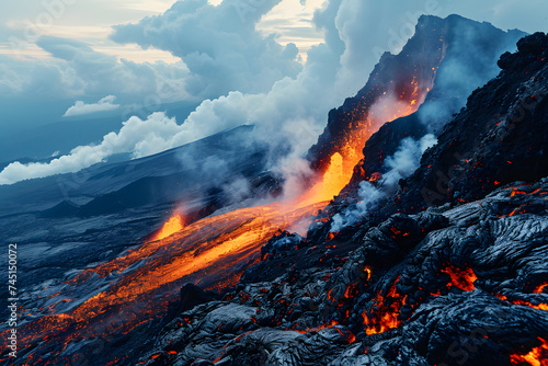 Close up of Volcano Eruption. Mountain Explodes with Flowing Magma. Fantasy Landscape