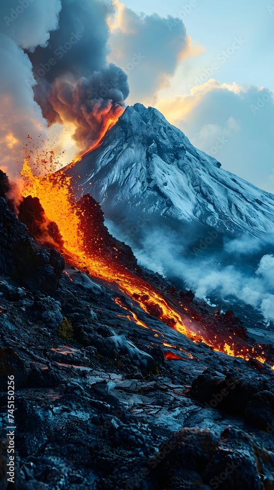 Close up of Volcano Eruption. Mountain Explodes with Flowing Magma. Fantasy Landscape