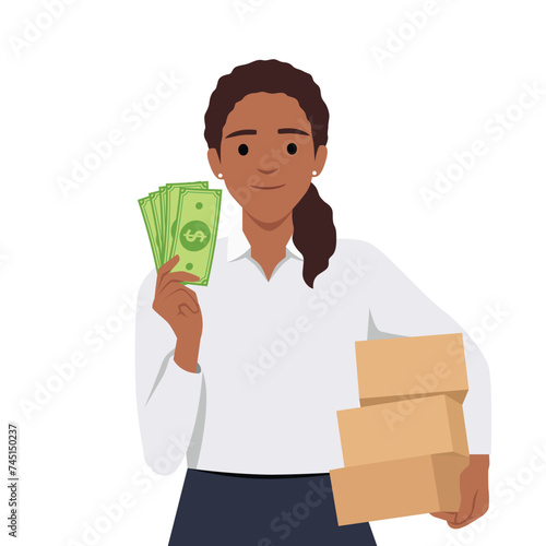 Smiling black woman holding money and shopping boxes. Happy girl excited with purchase made on savings. Flat vector illustration isolated on white background