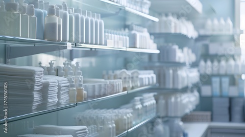 A pharmacy shelf neatly organized with clinical soap and medicated shampoo products  in a clean and sterile environment.