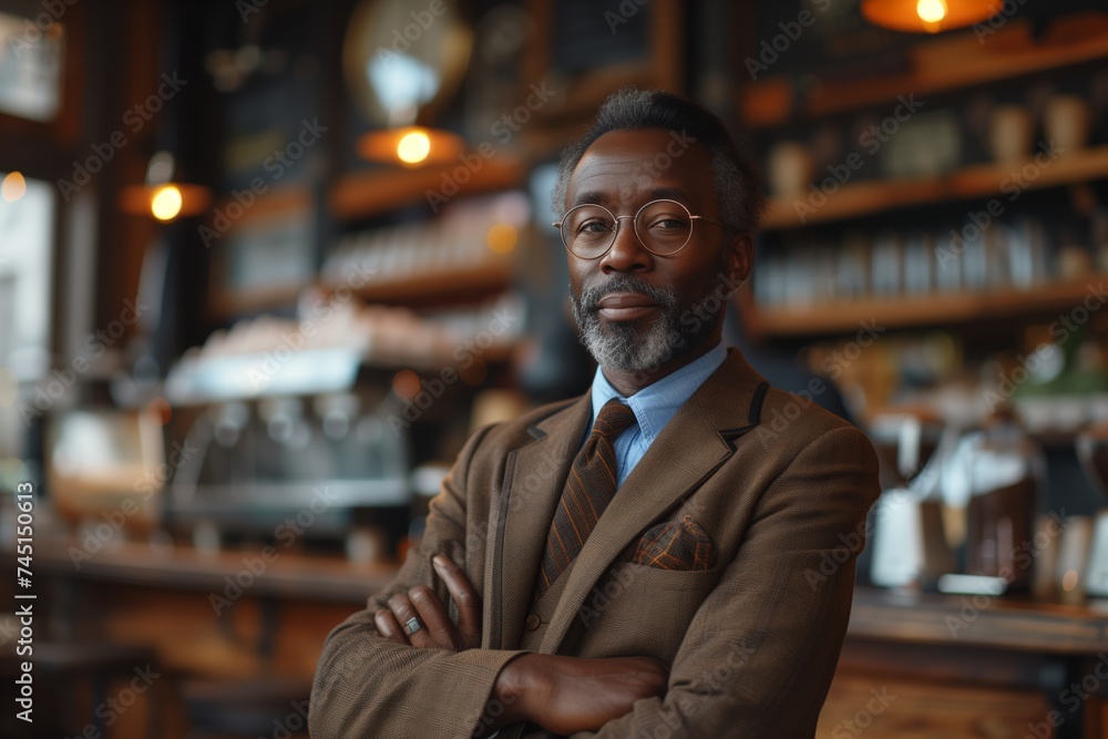 African American male barista, coffee shop owner small business. Serene man in white shirt at coffee shop, relaxed pose with crossed arms, content. Casual, contented entrepreneur in café, white shirt African American male barista, coffee shop owner small business. Serene man in white shirt at coffee shop, relaxed pose with crossed arms, content. Casual, contented entrepreneur in café, white shirt