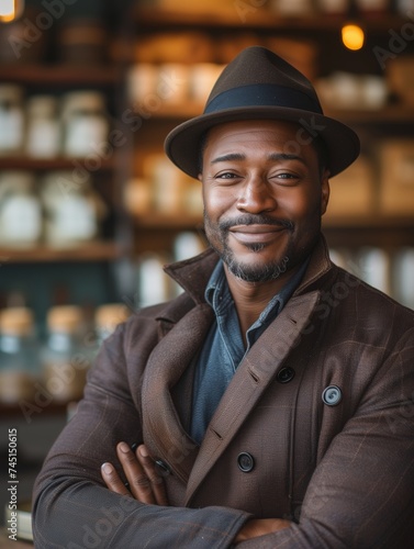 African American male barista, coffee shop owner small business. Serene man in white shirt at coffee shop, relaxed pose with crossed arms, content. Casual, contented entrepreneur in café, white shirt © N Joy Art 