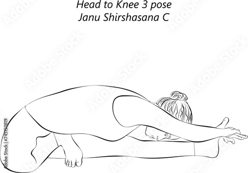 Sketch of woman doing yoga Janu Shirshasana C. Head to Knee 3 pose. Intermediate Difficulty. Isolated vector illustration.