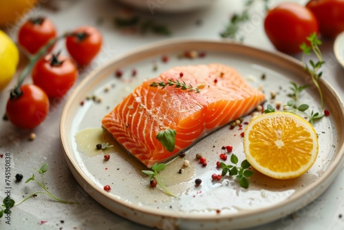 Fresh salmon on a plate with lemon and tomatoes; its rich color and fresh look make for a healthy choice. Glistening salmon fillet beside citrus and tomatoes on ceramic, inviting a balanced meal