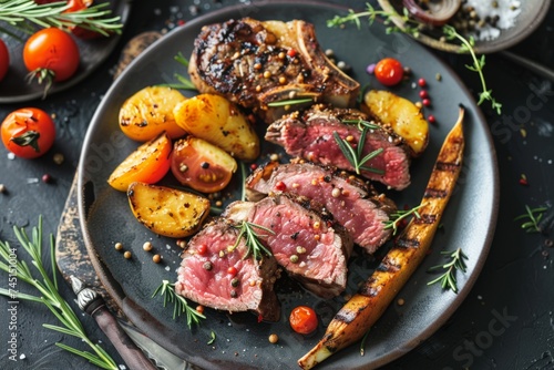 lamb Charred ribeye on a plate with golden potatoes and tomatoes, a symphony of flavors on a canvas of dark crockery. Perfectly seared ribeye steak, invitingly juicy, with roasted sides