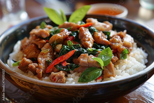 Savory chicken basil stir-fry perched atop fluffy rice, vibrant bell peppers, in pottery bowl, exudes homestyle Asian cuisine warmth. slivers of red pepper, reflecting traditional Thai flavors.
