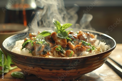 Savory chicken basil stir-fry perched atop fluffy jasmine rice in a ceramic bowl, with warm light creating a cozy ambiance for a classic Asian meal. encapsulating a homestyle Asian dining experience