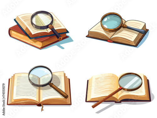 set of books and magnifying glass