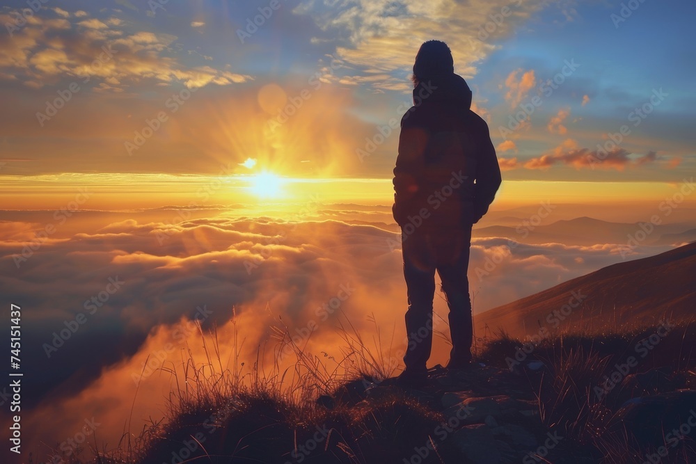 A person silhouetted against a breathtaking sunset above the clouds on a mountain peak.