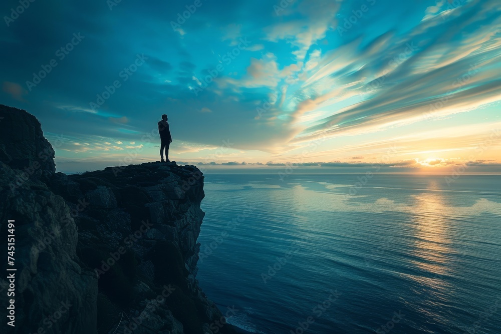 A person stands on a cliff overlooking the ocean at sunset.