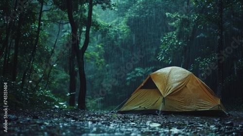 Nature background. Rain on the tent in the forest, tropic, quiet, calm, peaceful, meditation, camping, night, relax