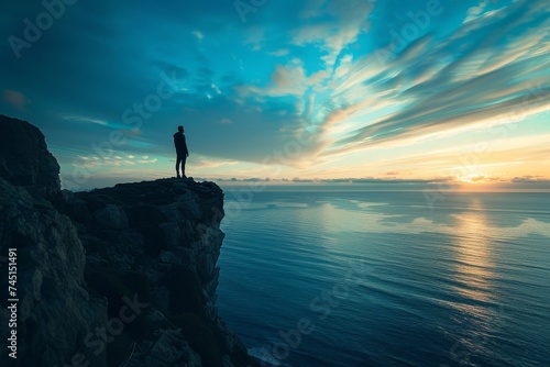 A person stands on a cliff overlooking the ocean at sunset. © Sandris