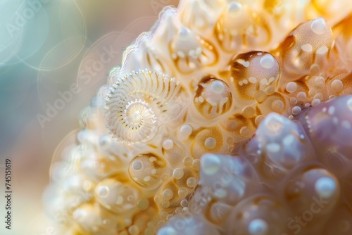 A close-up of intricate coral patterns and textures underwater illuminated by soft light.