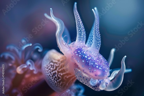 A glowing jellyfish with spotted tentacles floats gracefully underwater.