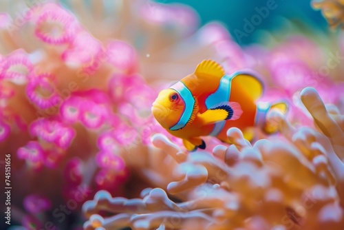A colorful clownfish swimming among vibrant coral reefs in a serene underwater environment. © Sandris