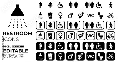 toilet  icons set with restroom, male, female, wheelchair or disabled, baby, shower, transgender, recycle, WC, clean signs with editable stroke  