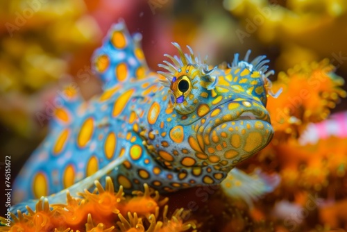 A colorful blue spotted stingray amidst vibrant coral reef.