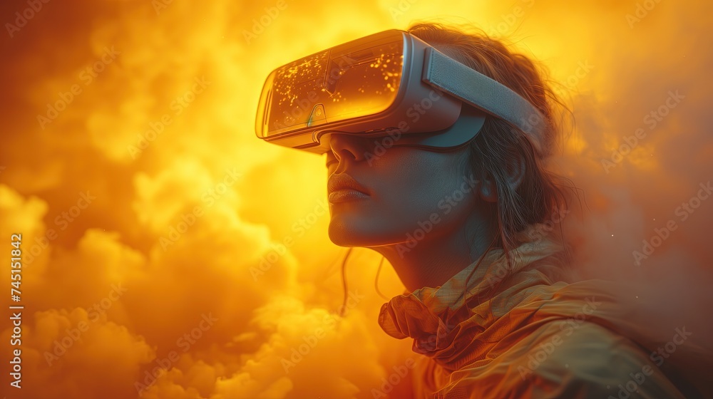Na zdjęciu widać osobę, która nosi zestaw do wirtualnej rzeczywistości, obejmującą głowę i wyświetlająca symulowany obraz oraz  chmura dymu wokół niej. Żółte kolory. - obrazy, fototapety, plakaty 