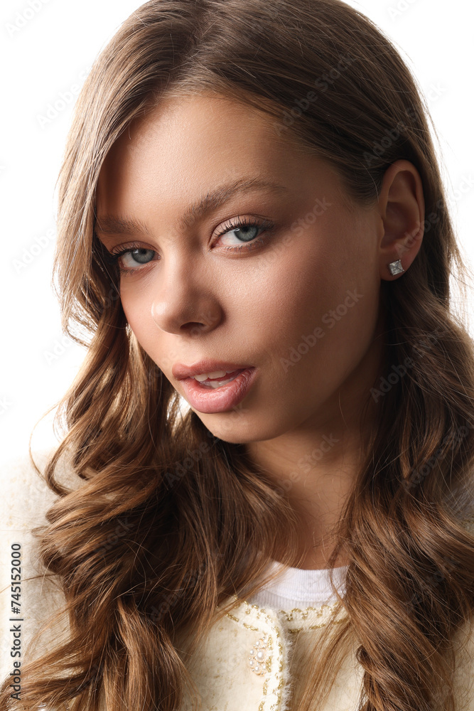Beautiful young girl with fresh healthy skin. Woman advertise ear-rings. White background. Earrings closeup. Blond european woman with long hair with big lips, pretty smile. Cosmetology, scincare Beautiful young girl with fresh healthy skin. Woman advertise ear-rings. White background. Earrings closeup. Blond european woman with long hair with big lips, pretty smile. Cosmetology, scincare