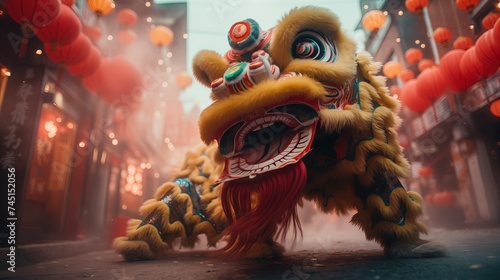 Ta fotografia przedstawia tradycyjny taniec lwa wykonany na środku ulicy podczas chińskiego Nowego Roku. Dwóch tancerzy w kostiumach lwa wykonuje widowiskowe ruchy podczas przemarszu photo