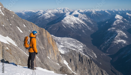 A climber stands against the backdrop of high snow-capped mountains. photo