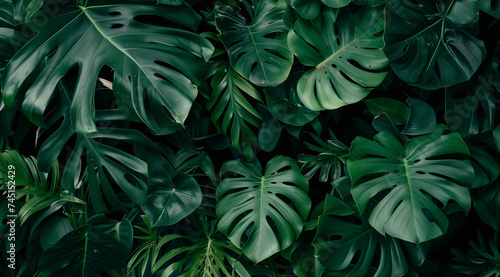 Lush Monstera Leaves in Dense Tropical Jungle Background