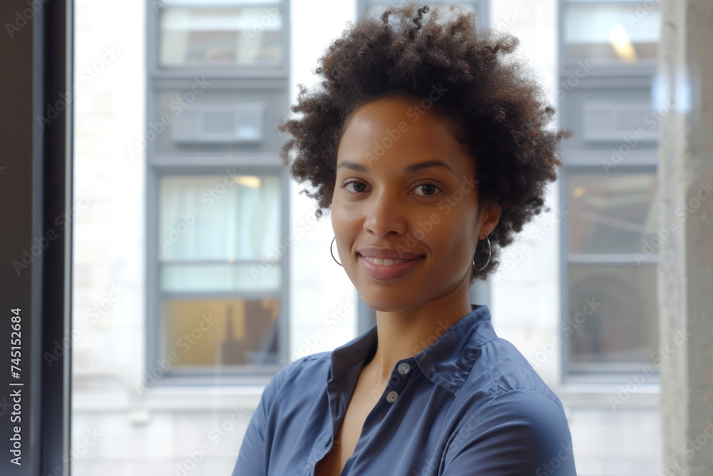Afro woman smiling stands against window with blurred cityscape Afro woman smiling stands against window with blurred cityscape
