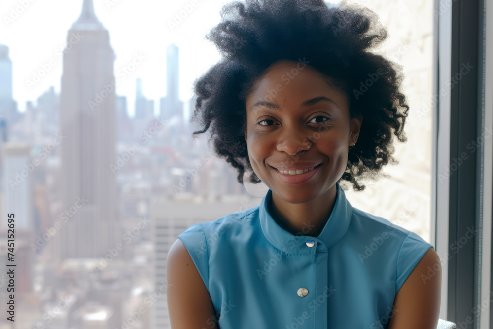 Fototapeta premium Afro woman smiling stands against window with blurred cityscape
