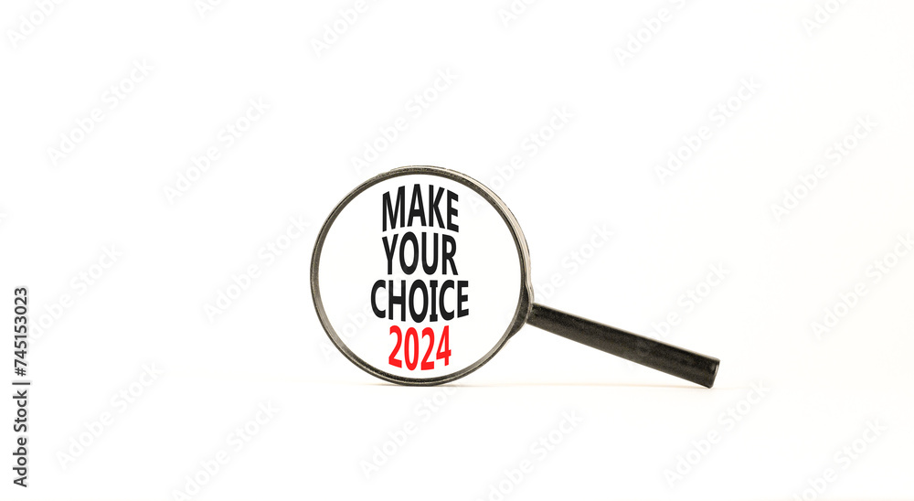 Make your choice 2024 symbol. Concept words Make your choice 2024 on beautiful magnifying glass. Beautiful white table white background. Business Make your choice 2024 concept. Copy space Make your choice 2024 symbol. Concept words Make your choice 2024 on beautiful magnifying glass. Beautiful white table white background. Business Make your choice 2024 concept. Copy space