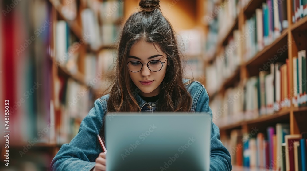 Focused Student Engaged in Online Learning at Library Focused Student Engaged in Online Learning at Library