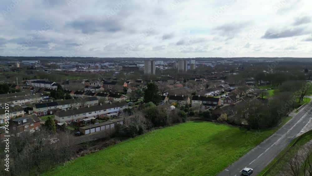 Aerial View of Downtown and City Centre of Stevenage City of England United Kingdom Aerial View of Downtown and City Centre of Stevenage City of England United Kingdom