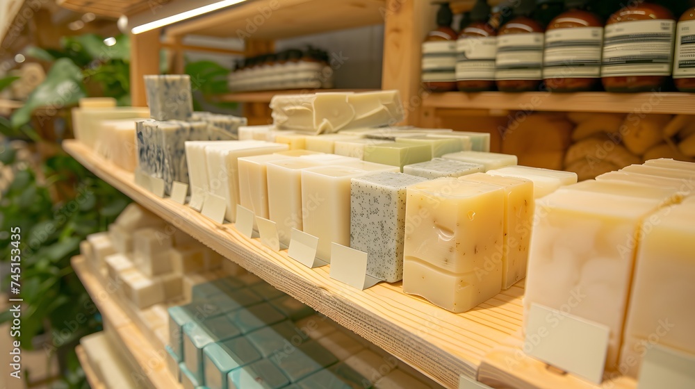 A shelf in a sustainable living store, offering a variety of eco-friendly soap and biodegradable shampoo.