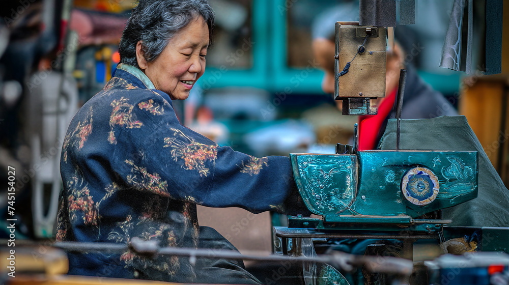 Seniour asian woman working as a seamstress, smiling,  using equipment, textile industry, clothes design, diversity - obrazy, fototapety, plakaty 