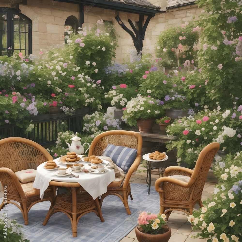 table and chairs in the garden, Tea time in the morning