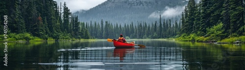 Paddling Through River. Embracing Nature Beauty and Adventure. Canoe Glides Across Calm Waters