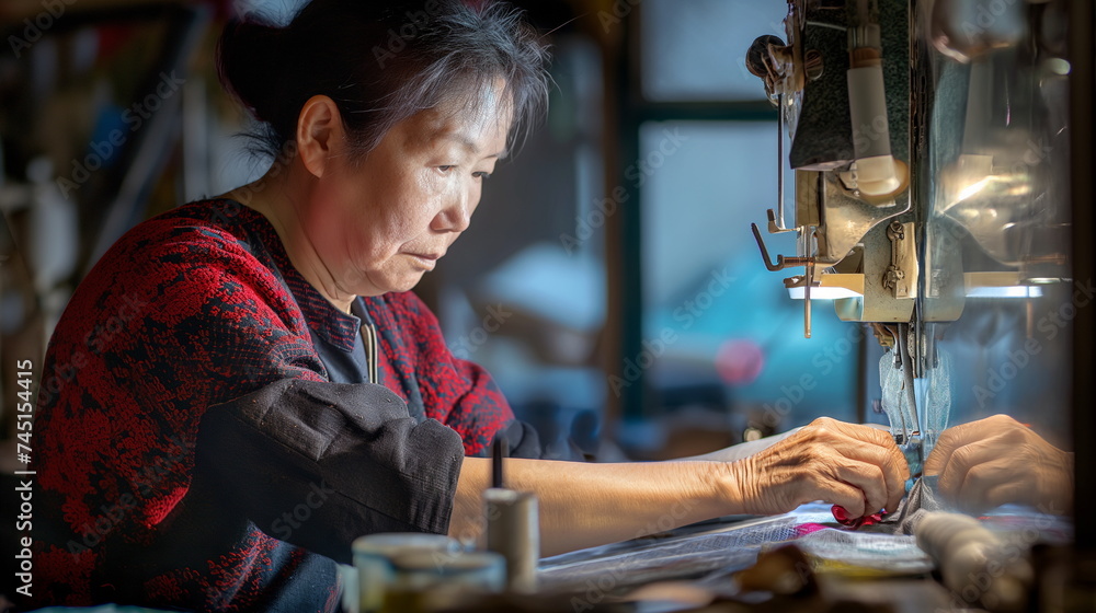 Seniour asian woman working as a seamstress, sewer using equipment, textile industry, clothes design, diversity