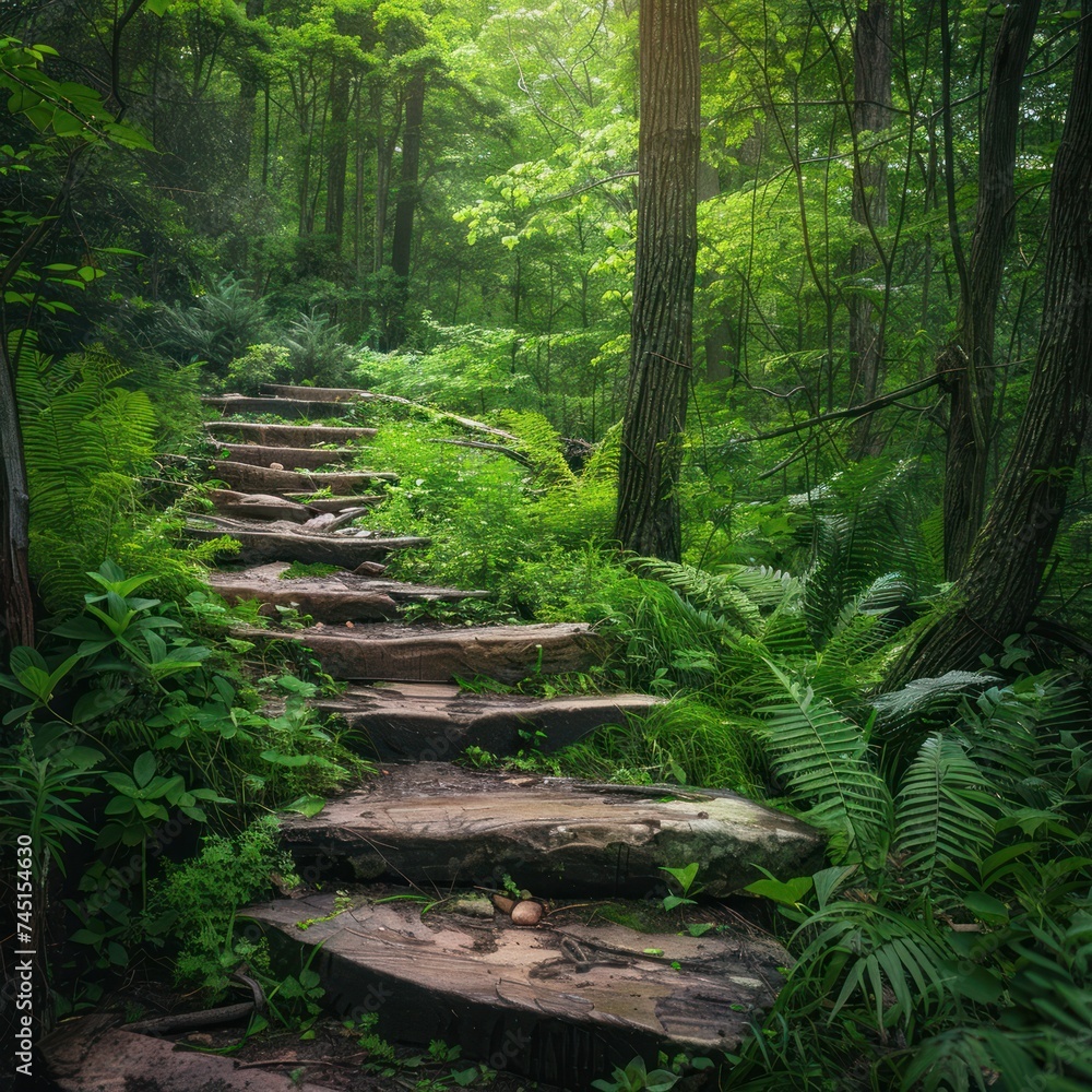 Serene Pathway in the Garden. Step into tranquility with this enchanting image capturing a winding pathway nestled amidst lush greenery and vibrant blooms
