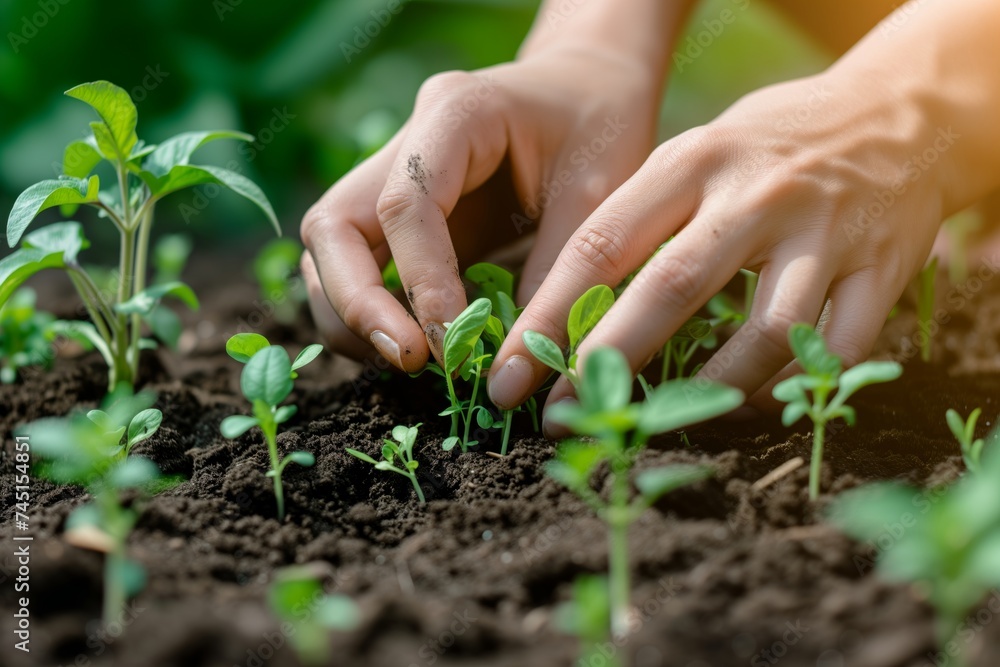 Farmer hands planting soil of tomato seedlings in vegetable garden. Organic farming and spring gardening concept Farmer hands planting soil of tomato seedlings in vegetable garden. Organic farming and spring gardening concept