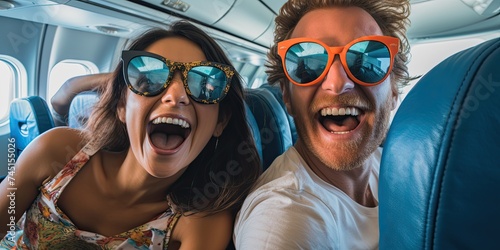 A joyful traveler snaps a selfie aboard an airplane, capturing cherished memories during their summer getaway. © Murda