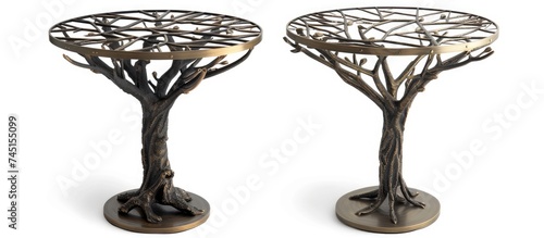 Two tree-shaped side tables with intricate branch designs standing on a white background, creating a unique and decorative furniture piece for any space.