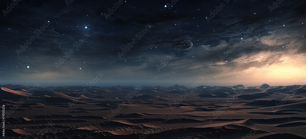 Beneath a blanket of stars, the desert unfolds with graceful sand dunes, casting surreal shadows under the enchanting night sky - obrazy, fototapety, plakaty 
